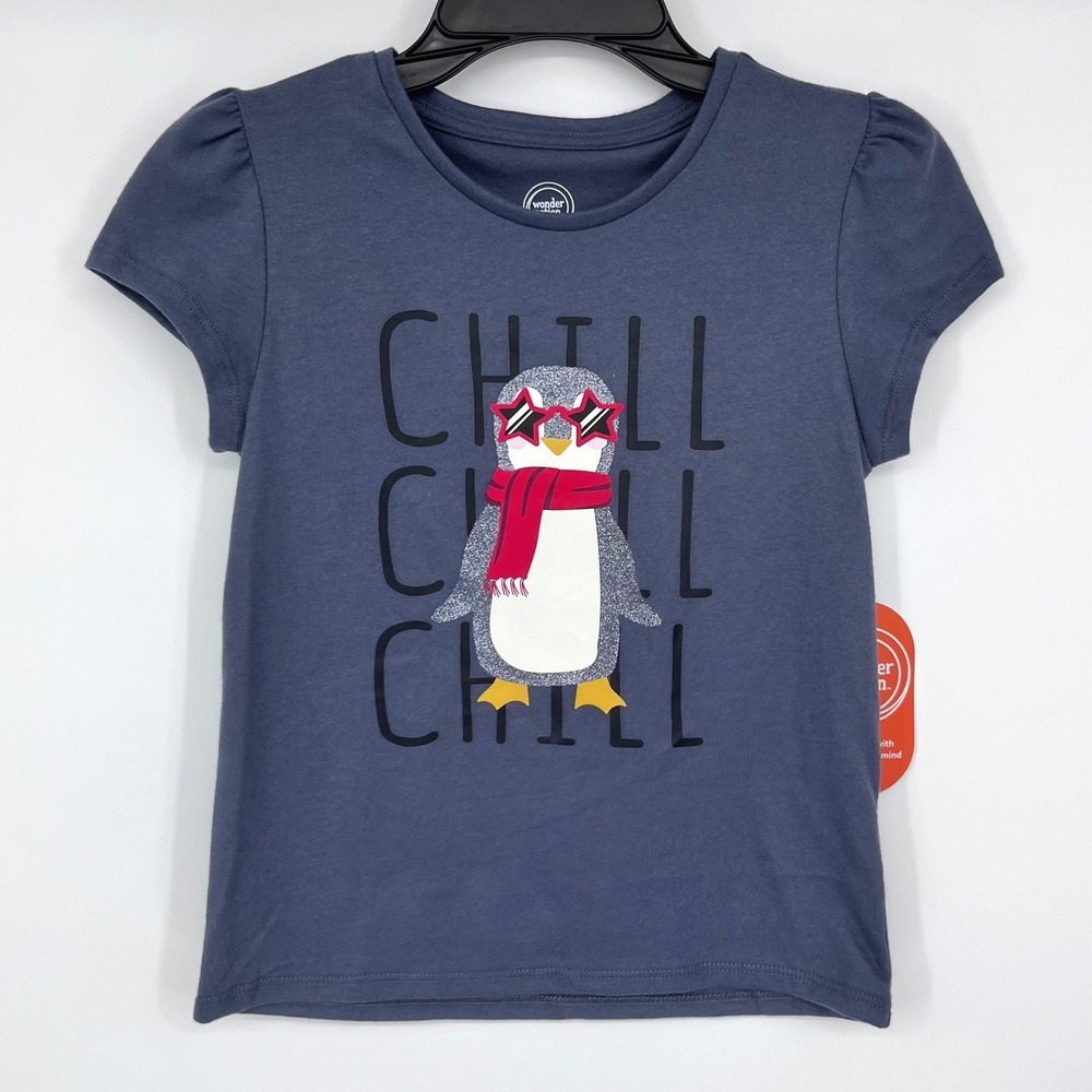 Penguin Chill T-Shirt Girls Size 5 Slate Grey Glitter Puff Sleeve Tee Holiday